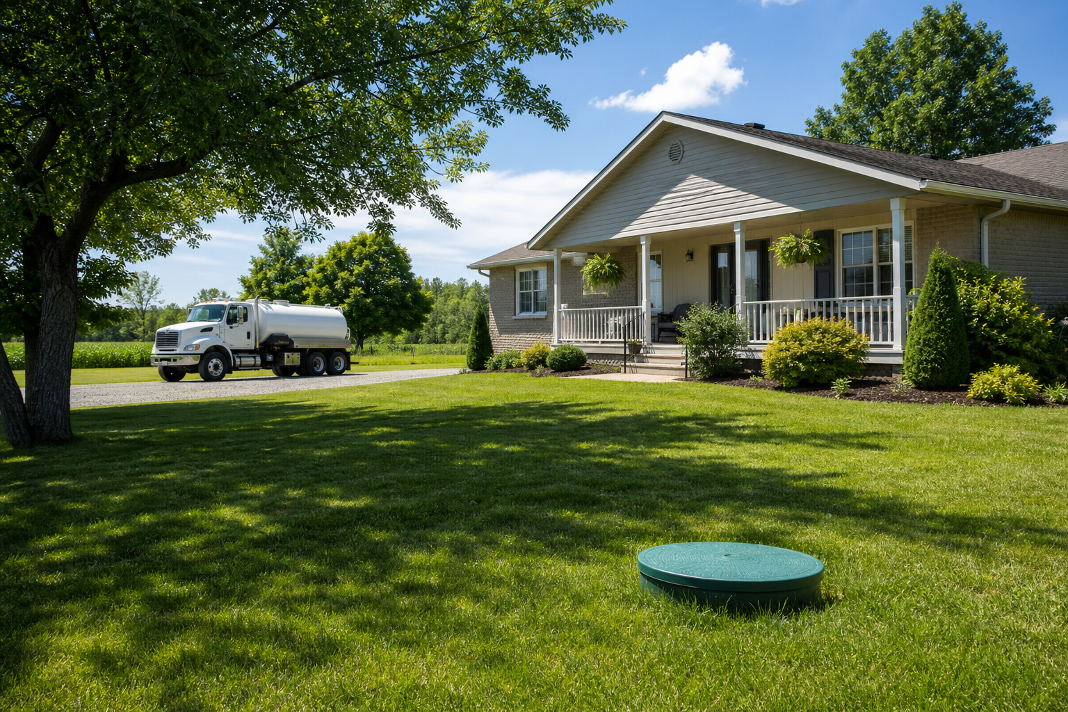 Rural Ontario home with a septic pumping truck — licensed septic contractors serving countryside properties across Ontario.
